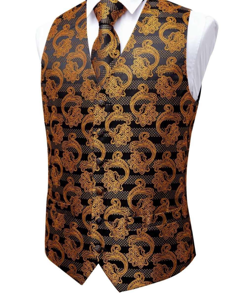 MEN'S CLASSIC BROWN BLACK FLORAL JACQUARD SILK WAISTCOAT VEST HANDKERCHIEF CUFFLINKS TIE VEST SET-MJ- 0124 - SimonVon Shop