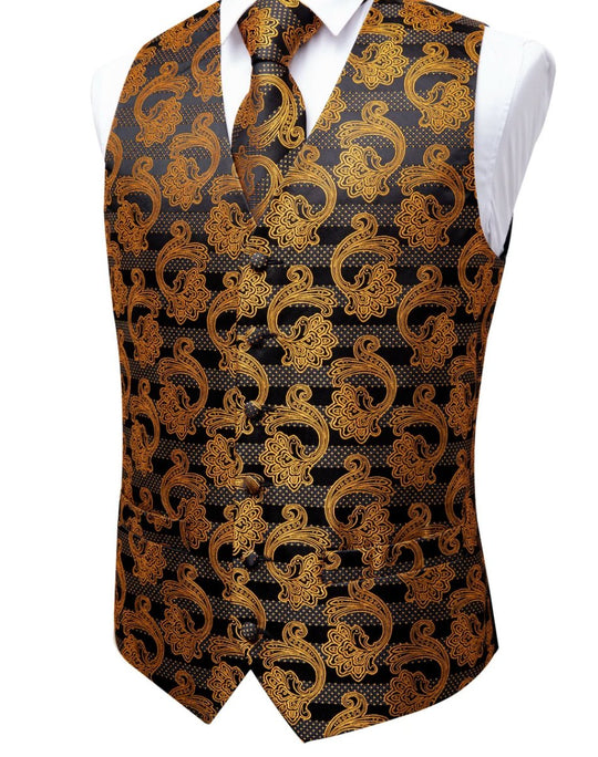 MEN'S CLASSIC BROWN BLACK FLORAL JACQUARD SILK WAISTCOAT VEST HANDKERCHIEF CUFFLINKS TIE VEST SET-MJ- 0124 - SimonVon Shop