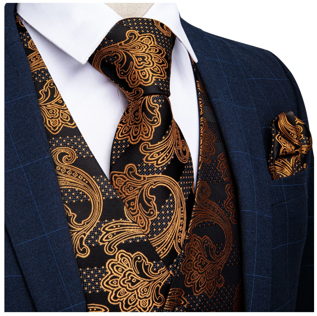 MEN'S CLASSIC BROWN BLACK FLORAL JACQUARD SILK WAISTCOAT VEST HANDKERCHIEF CUFFLINKS TIE VEST SET-MJ- 0124 - SimonVon Shop