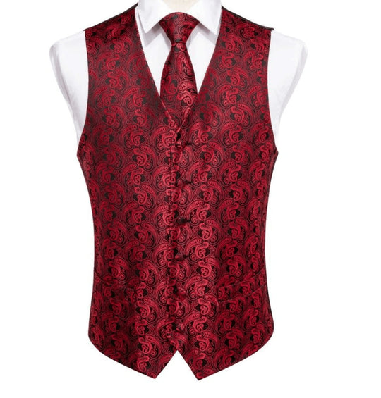 Men's Classic Deep Red Pailey Jacquard Silk Waistcoat Vest Handkerchif Cufflinks Tie Vest Set- Mj0-0106 - SimonVon Shop