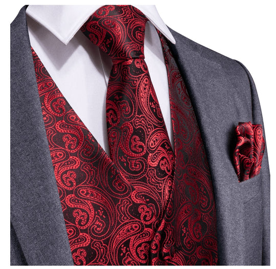 Men's Classic Deep Red Pailey Jacquard Silk Waistcoat Vest Handkerchif Cufflinks Tie Vest Set- Mj0-0106 - SimonVon Shop