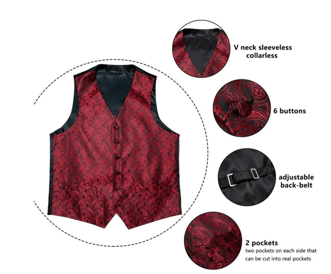 Men's Classic Deep Red Pailey Jacquard Silk Waistcoat Vest Handkerchif Cufflinks Tie Vest Set- Mj0-0106 - SimonVon Shop
