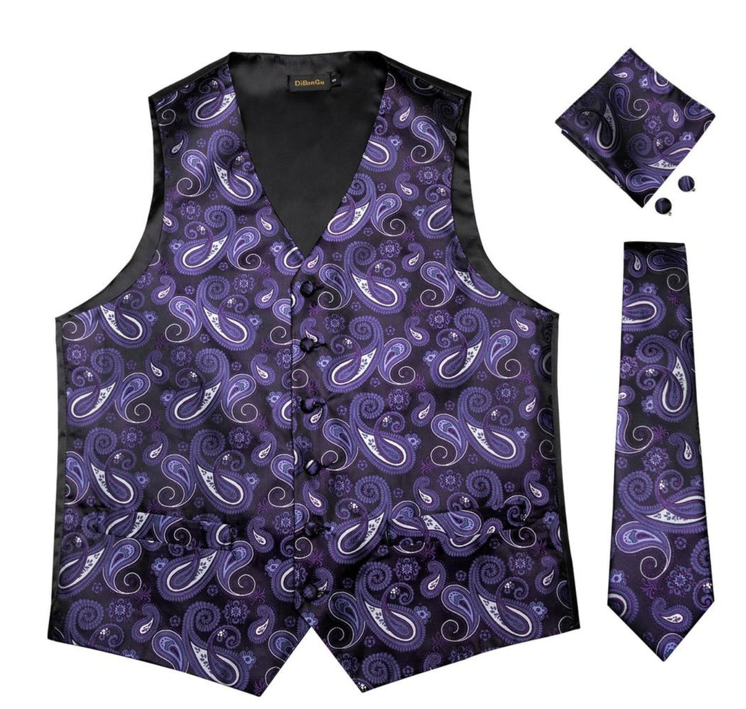 MEN'S CLASSIC PURPLE PAISLEY JACQUARD SILK WAISTCOAT VEST HANDKERCHIEF CUFFLINKS TIE VEST SET- MJ-0105 - SimonVon Shop