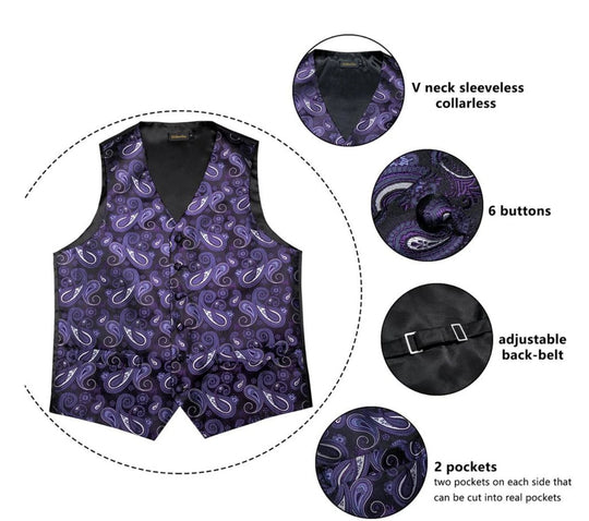 MEN'S CLASSIC PURPLE PAISLEY JACQUARD SILK WAISTCOAT VEST HANDKERCHIEF CUFFLINKS TIE VEST SET- MJ-0105 - SimonVon Shop