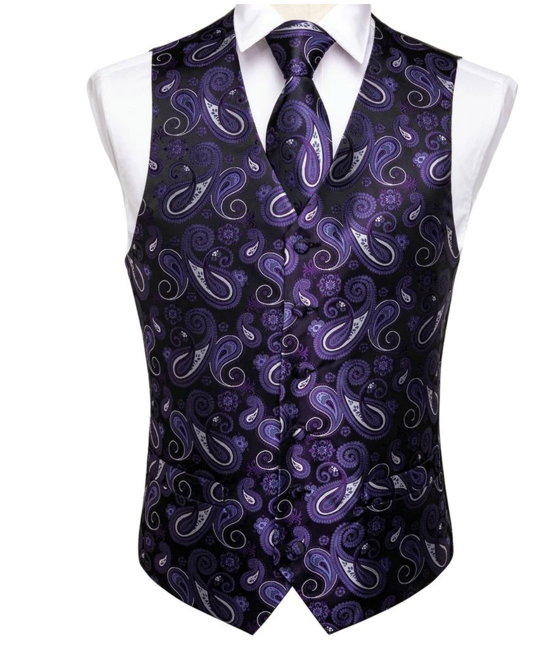 MEN'S CLASSIC PURPLE PAISLEY JACQUARD SILK WAISTCOAT VEST HANDKERCHIEF CUFFLINKS TIE VEST SET- MJ-0105 - SimonVon Shop