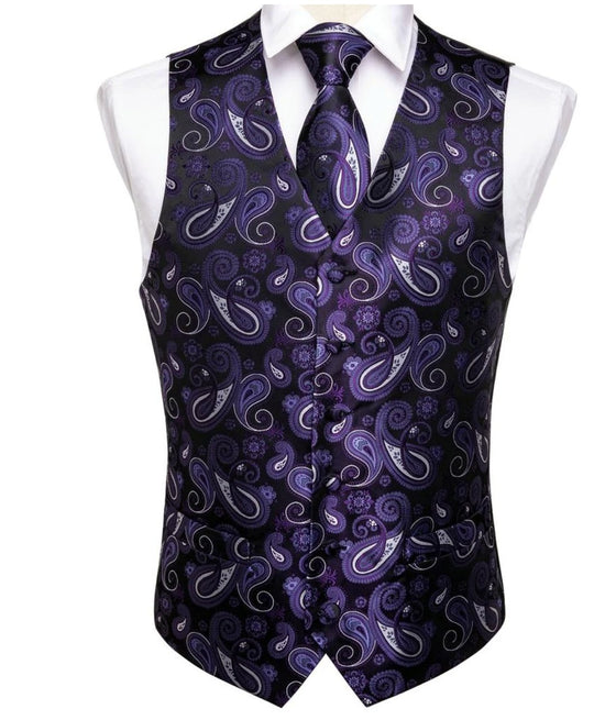 MEN'S CLASSIC PURPLE PAISLEY JACQUARD SILK WAISTCOAT VEST HANDKERCHIEF CUFFLINKS TIE VEST SET- MJ-0105 - SimonVon Shop