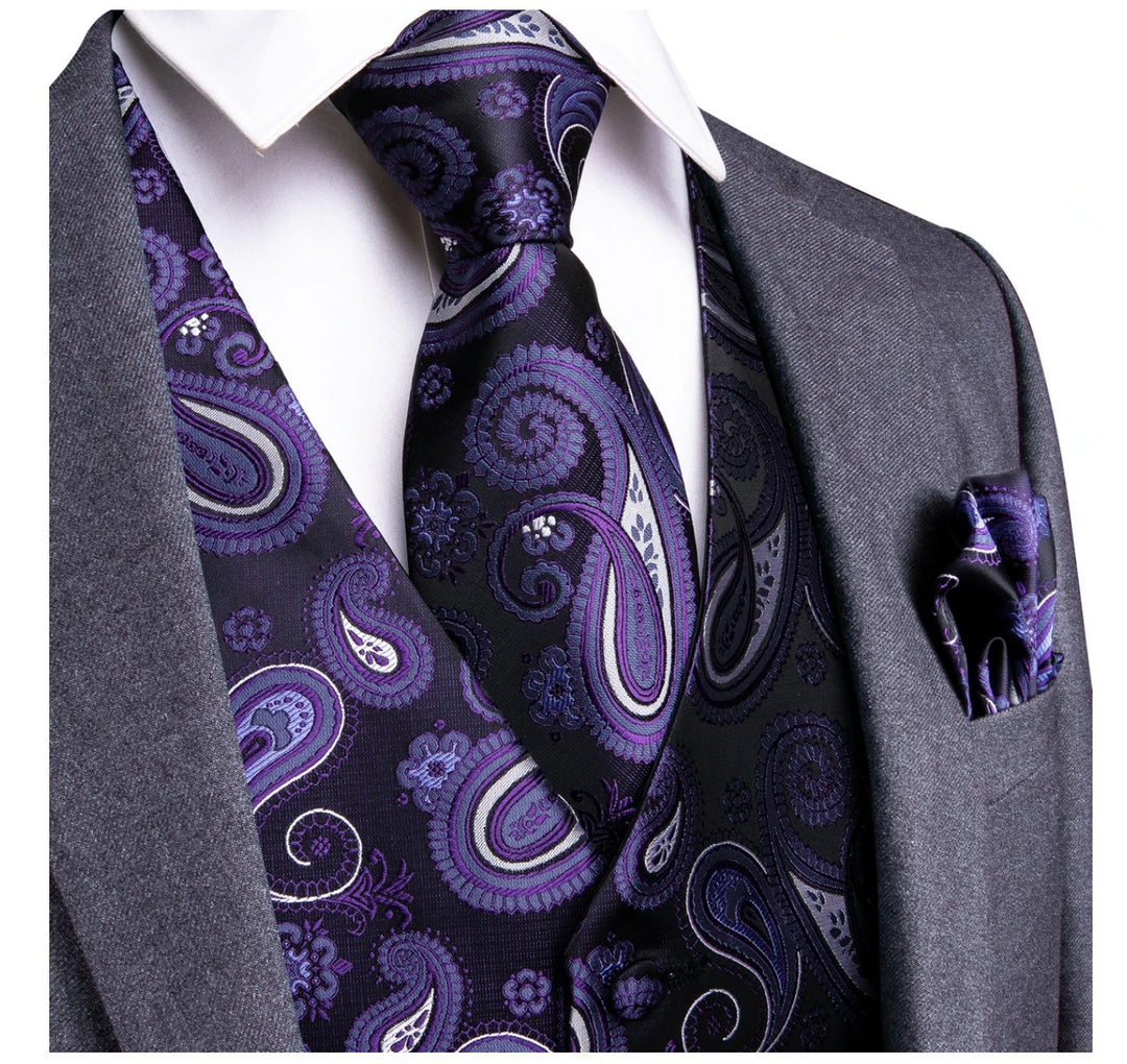 MEN'S CLASSIC PURPLE PAISLEY JACQUARD SILK WAISTCOAT VEST HANDKERCHIEF CUFFLINKS TIE VEST SET- MJ-0105 - SimonVon Shop