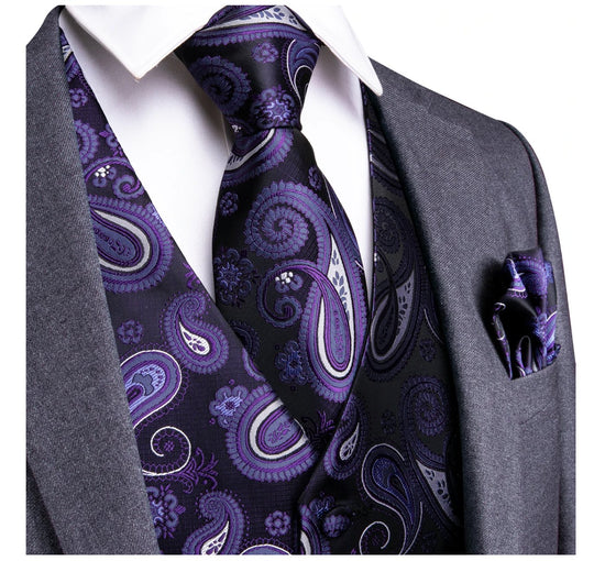 MEN'S CLASSIC PURPLE PAISLEY JACQUARD SILK WAISTCOAT VEST HANDKERCHIEF CUFFLINKS TIE VEST SET- MJ-0105 - SimonVon Shop