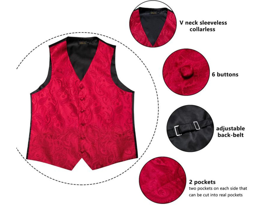MEN'S CLASSIC RED PAISLEY JACQUARD SILK WAISTCOAT VEST HANDKERCHIEF CUFFLINKS TIE VEST SET- MJ-0102 - SimonVon Shop