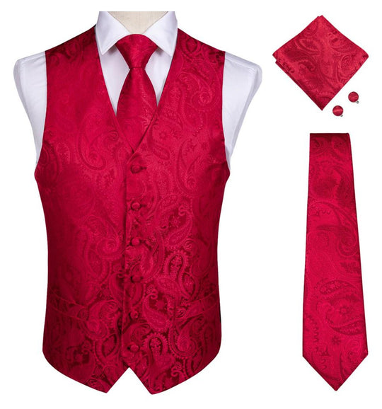MEN'S CLASSIC RED PAISLEY JACQUARD SILK WAISTCOAT VEST HANDKERCHIEF CUFFLINKS TIE VEST SET- MJ-0102 - SimonVon Shop