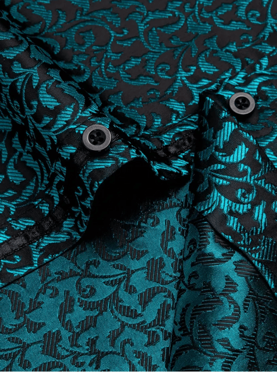 Men's Dark Cyan Vintage Floral Long Sleeve Dress Shirt- CY-9006 - SimonVon Shop