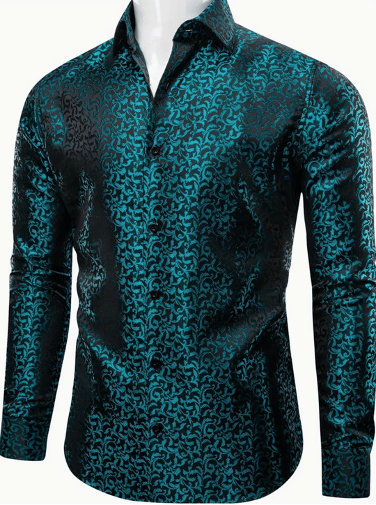 Men's Dark Cyan Vintage Floral Long Sleeve Dress Shirt- CY-9006 - SimonVon Shop