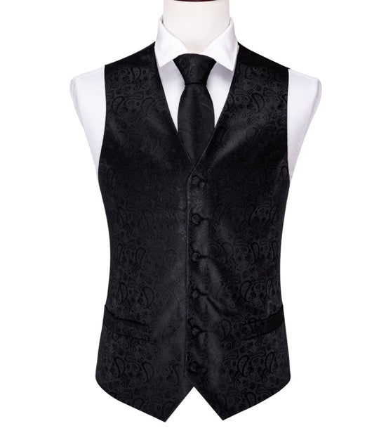 Men's Deep Black Paisley Silk Vest Necktie Pocket square Cufflinks-MJ-2014 - SimonVon Shop