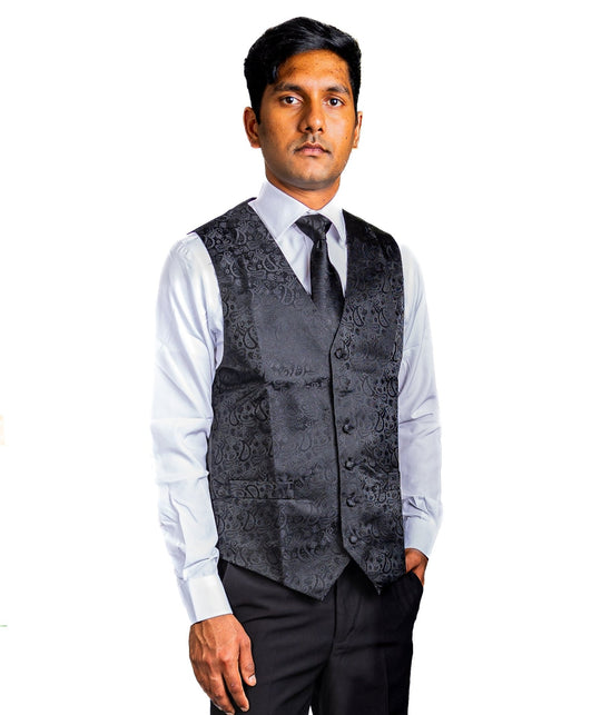 Men's Deep Black Paisley Silk Vest Necktie Pocket square Cufflinks-MJ-2014 - SimonVon Shop