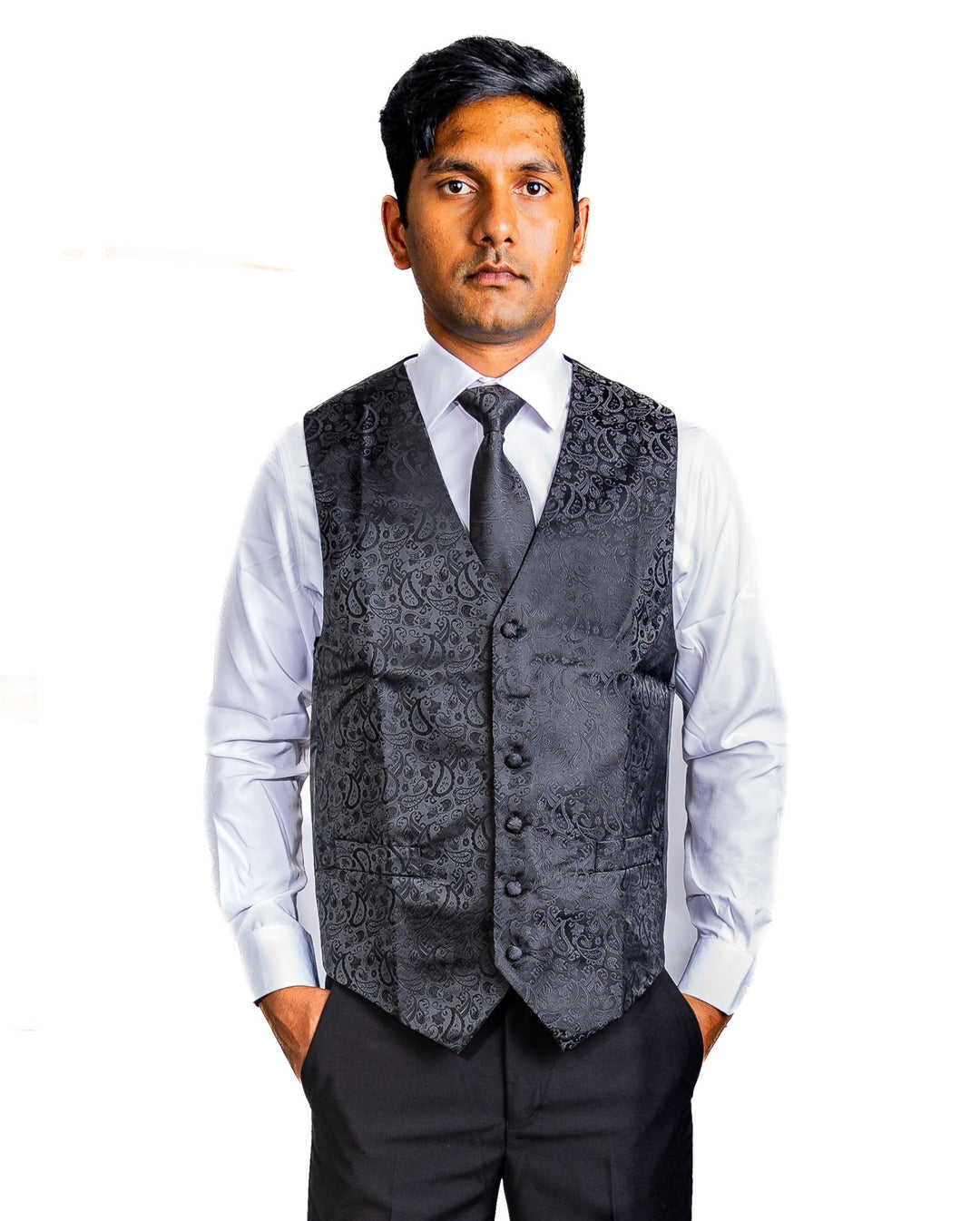Men's Deep Black Paisley Silk Vest Necktie Pocket square Cufflinks-MJ-2014 - SimonVon Shop