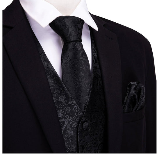 Men's Deep Black Paisley Silk Vest Necktie Pocket square Cufflinks-MJ-2014 - SimonVon Shop