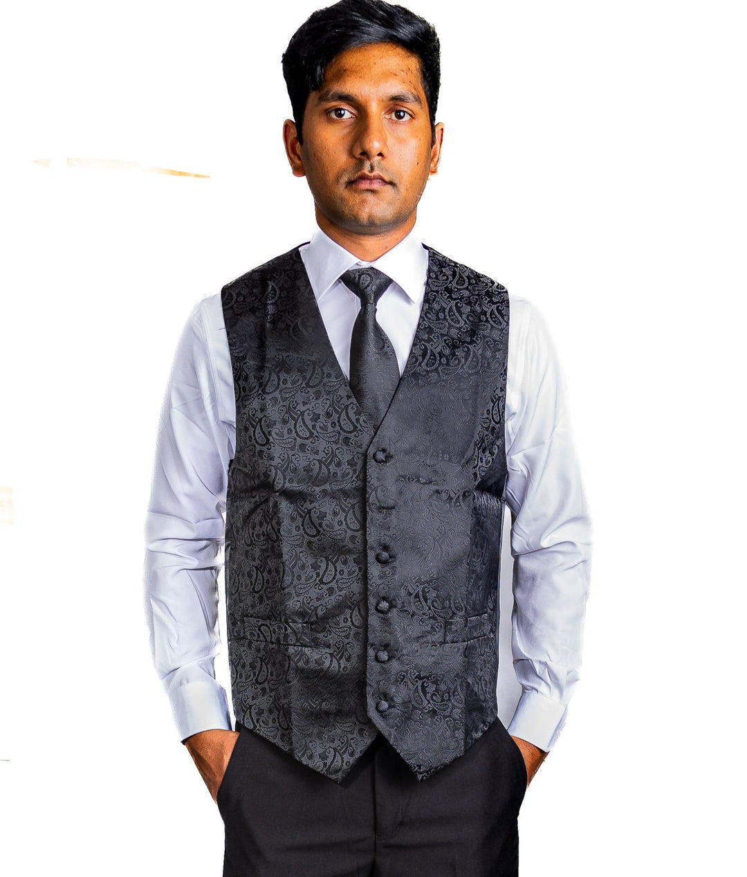 Men's Deep Black Paisley Silk Vest Necktie Pocket square Cufflinks-MJ-2014 - SimonVon Shop
