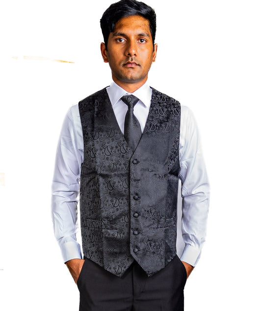 Men's Deep Black Paisley Silk Vest Necktie Pocket square Cufflinks-MJ-2014 - SimonVon Shop