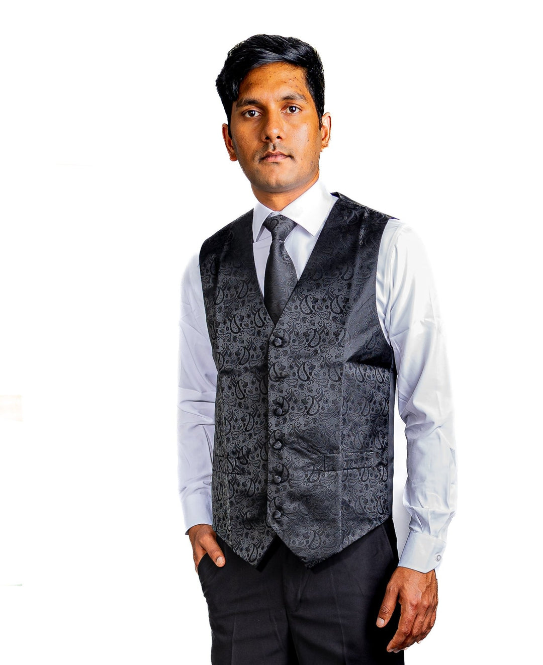 Men's Deep Black Paisley Silk Vest Necktie Pocket square Cufflinks-MJ-2014 - SimonVon Shop