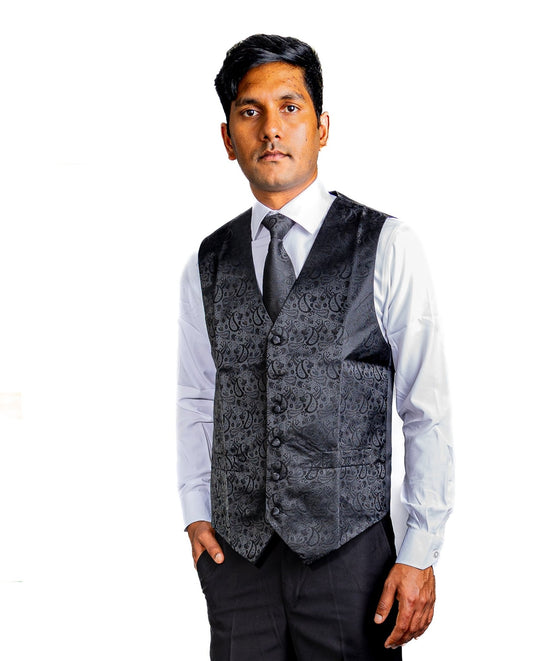 Men's Deep Black Paisley Silk Vest Necktie Pocket square Cufflinks-MJ-2014 - SimonVon Shop