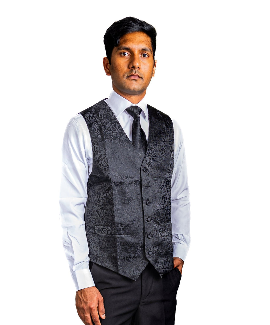 Men's Deep Black Paisley Silk Vest Necktie Pocket square Cufflinks-MJ-2014 - SimonVon Shop