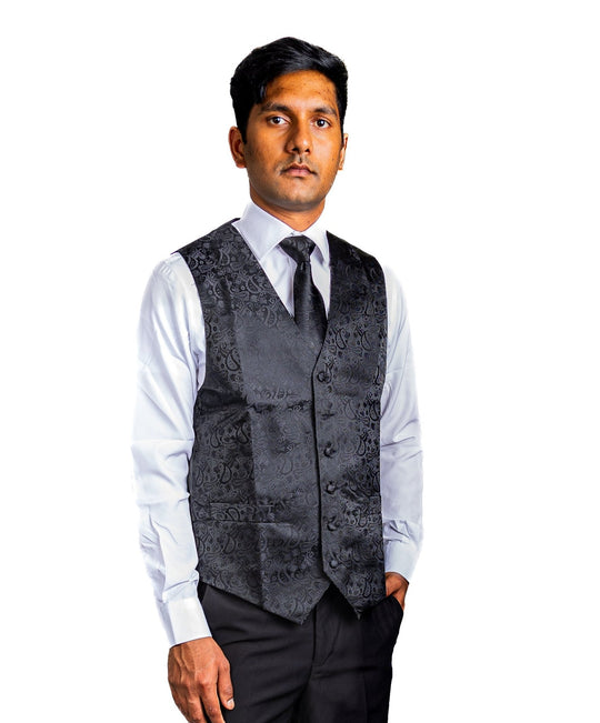 Men's Deep Black Paisley Silk Vest Necktie Pocket square Cufflinks-MJ-2014 - SimonVon Shop