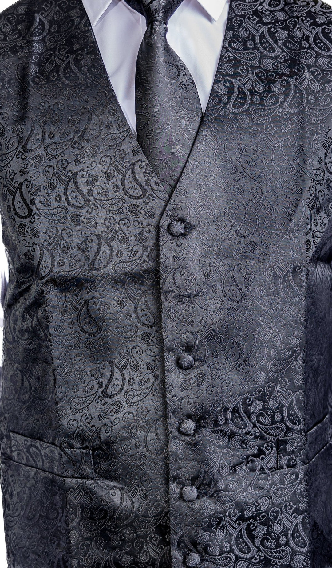 Men's Deep Black Paisley Silk Vest Necktie Pocket square Cufflinks-MJ-2014 - SimonVon Shop