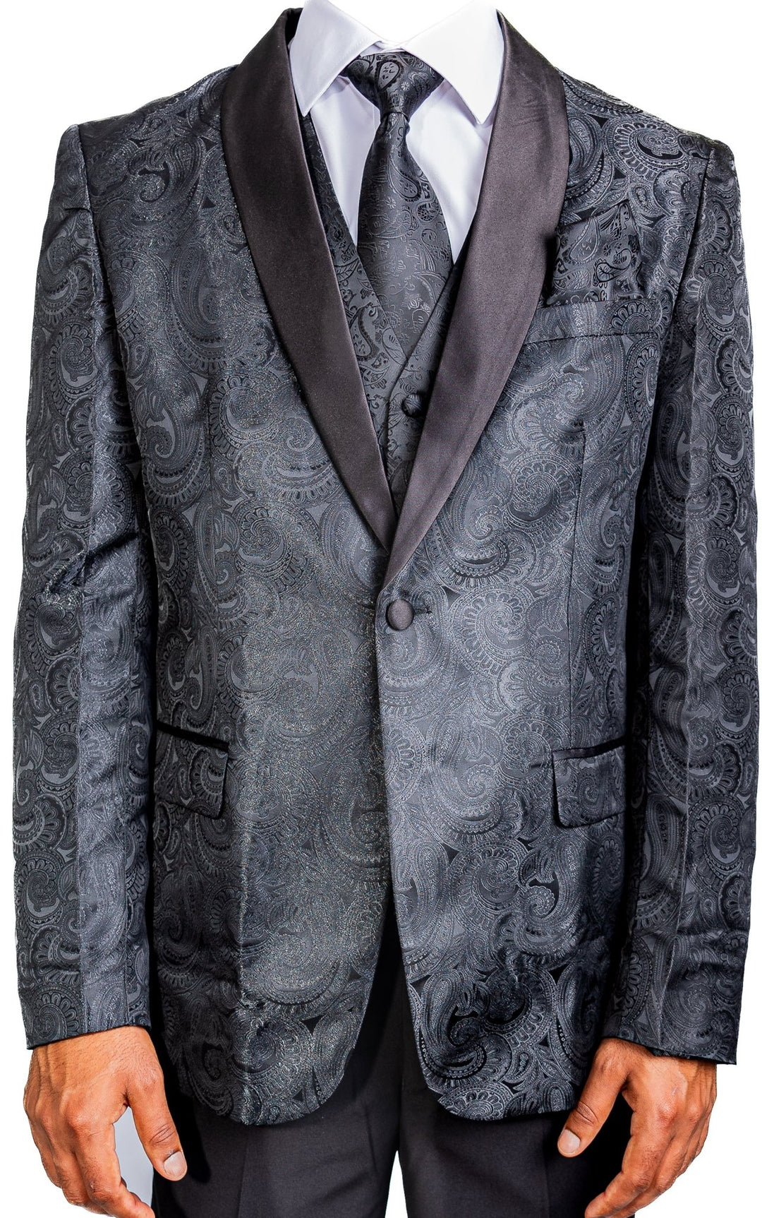 Men's Deep Black Paisley Silk Vest Necktie Pocket square Cufflinks-MJ-2014 - SimonVon Shop