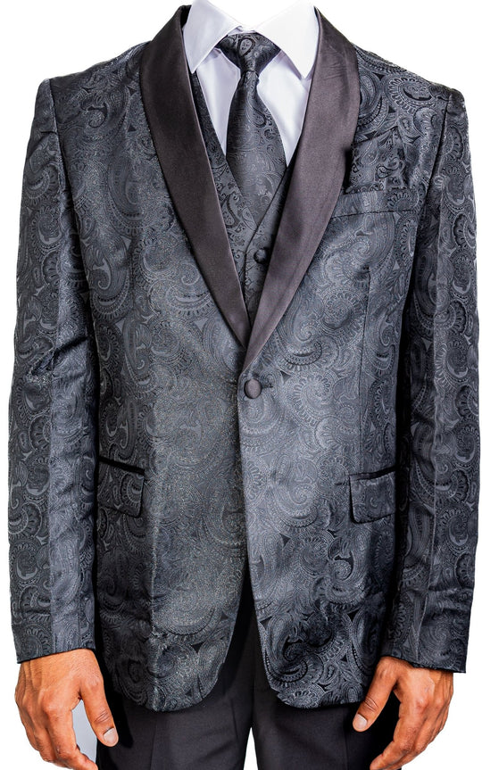 Men's Deep Black Paisley Silk Vest Necktie Pocket square Cufflinks-MJ-2014 - SimonVon Shop