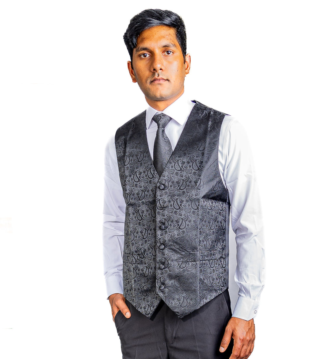 Men's Deep Black Paisley Silk Vest Necktie Pocket square Cufflinks-MJ-2014 - SimonVon Shop