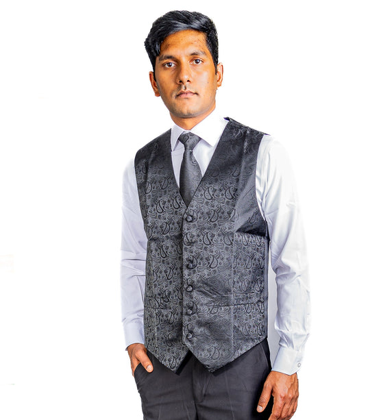 Men's Deep Black Paisley Silk Vest Necktie Pocket square Cufflinks-MJ-2014 - SimonVon Shop