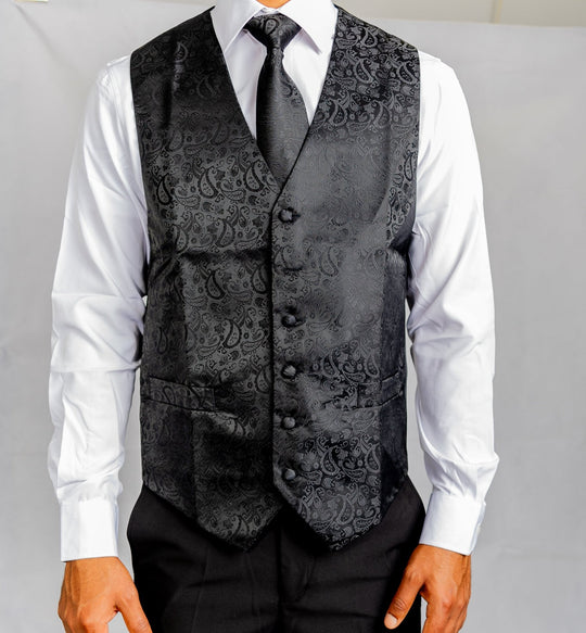 Men's Deep Black Paisley Silk Vest Necktie Pocket square Cufflinks-MJ-2014 - SimonVon Shop