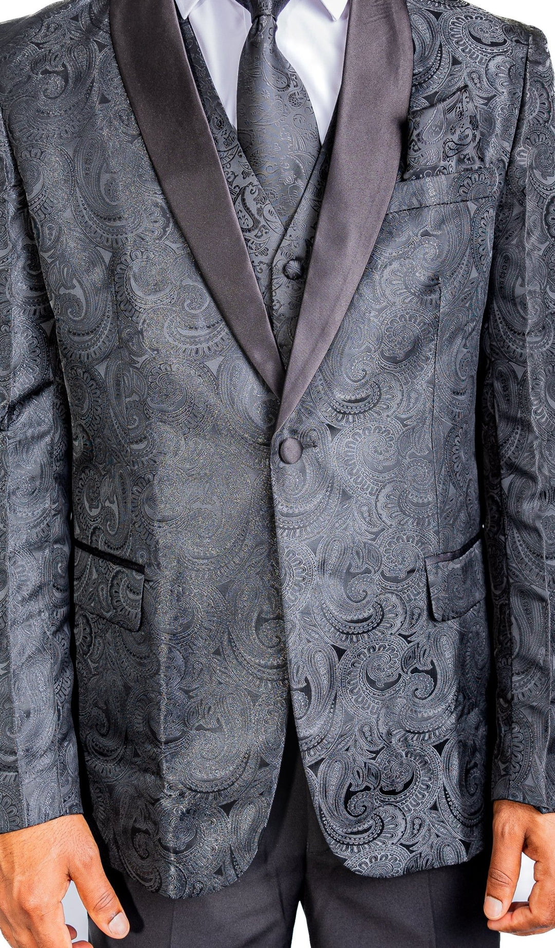 Men's Deep Black Paisley Silk Vest Necktie Pocket square Cufflinks-MJ-2014 - SimonVon Shop