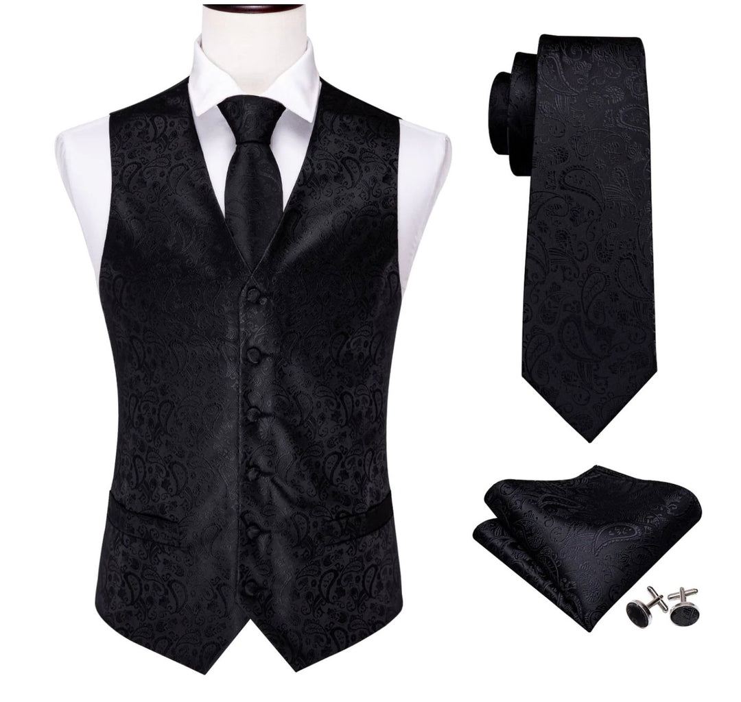 Men's Deep Black Paisley Silk Vest Necktie Pocket square Cufflinks-MJ-2014 - SimonVon Shop