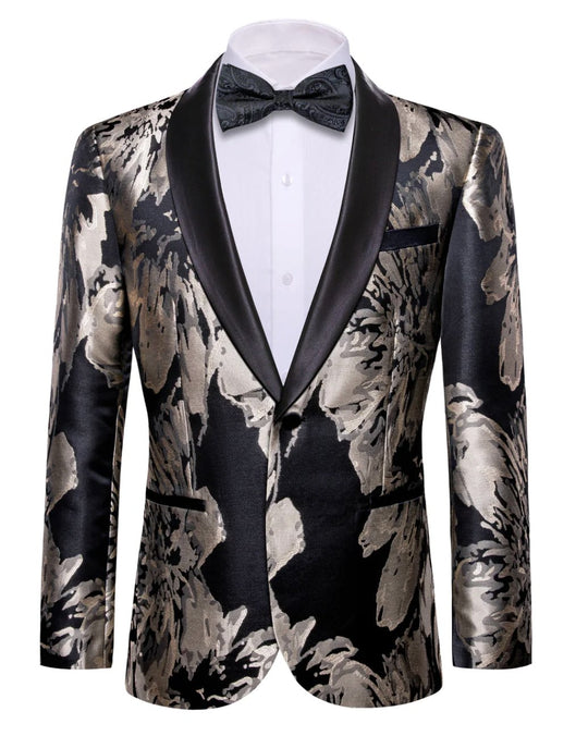Men's Dress Party Black Grey Floral Suit Jacket Slim One Button Stylish Blazer- XX-0039 - SimonVon Shop