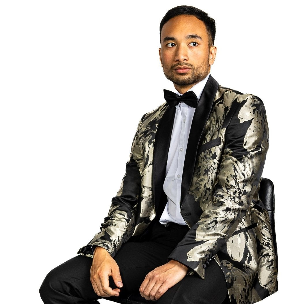 Men's Dress Party Black Grey Floral Suit Jacket Slim One Button Stylish Blazer- XX-0039 - SimonVon Shop