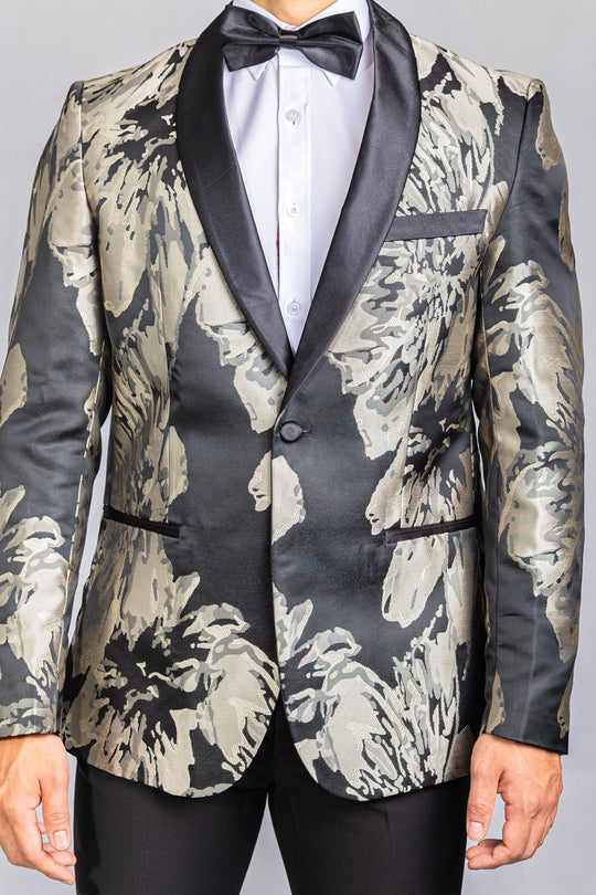 Men's Dress Party Black Grey Floral Suit Jacket Slim One Button Stylish Blazer- XX-0039 - SimonVon Shop