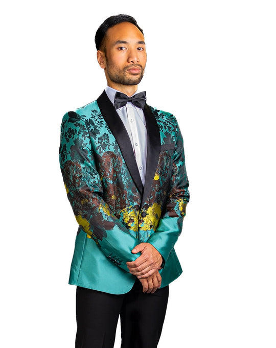 Men's Dress Party Blue Brown Floral Suit Jacket Slim One Button Stylish Blazer-XX-0041 - SimonVon Shop