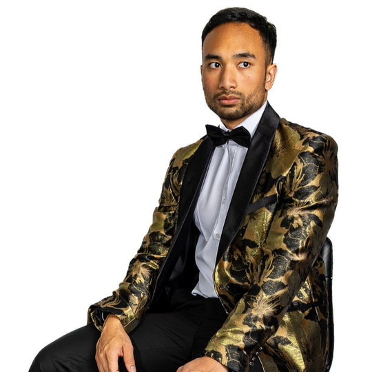 Men's Dress Party Gold Black Floral Suit Jacket Slim One Button Stylish Blazer-XX-0035 - SimonVon Shop