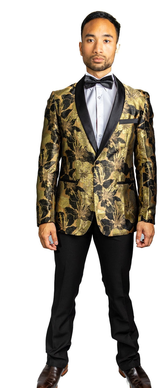 Men's Dress Party Gold Black Floral Suit Jacket Slim One Button Stylish Blazer-XX-0035 - SimonVon Shop
