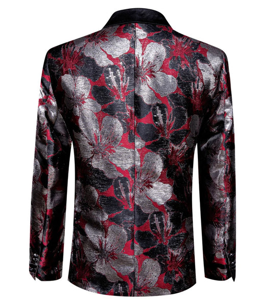 Men's Dress Party Red Grey Floral Suit Jacket Slim One Button Stylish Blazer-XX-0034 - SimonVon Shop