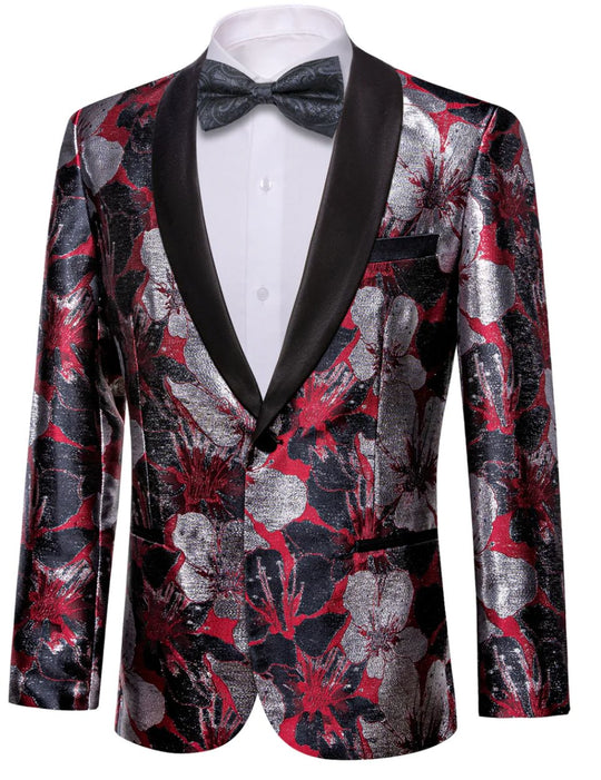 Men's Dress Party Red Grey Floral Suit Jacket Slim One Button Stylish Blazer-XX-0034 - SimonVon Shop