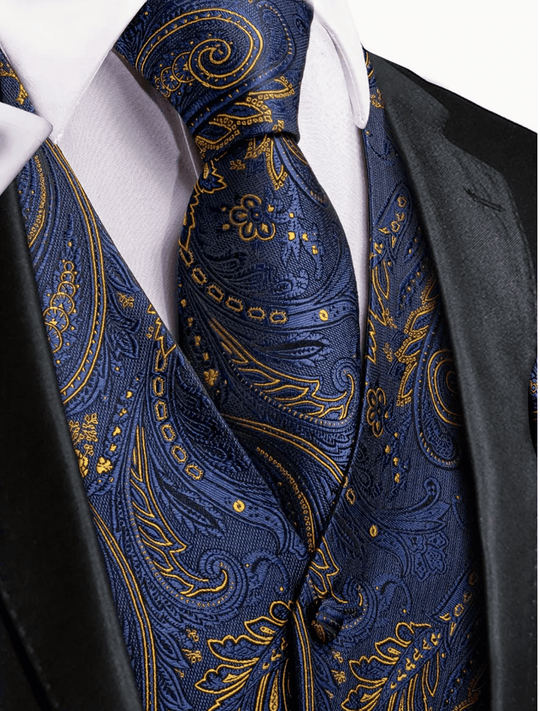 Men's Elegant Blue Paisley Waistcoat Set ,Polyester 100% - Includes Necktie, Handkerchief, and Cufflinks - MJ-3023 - SimonVon Shop