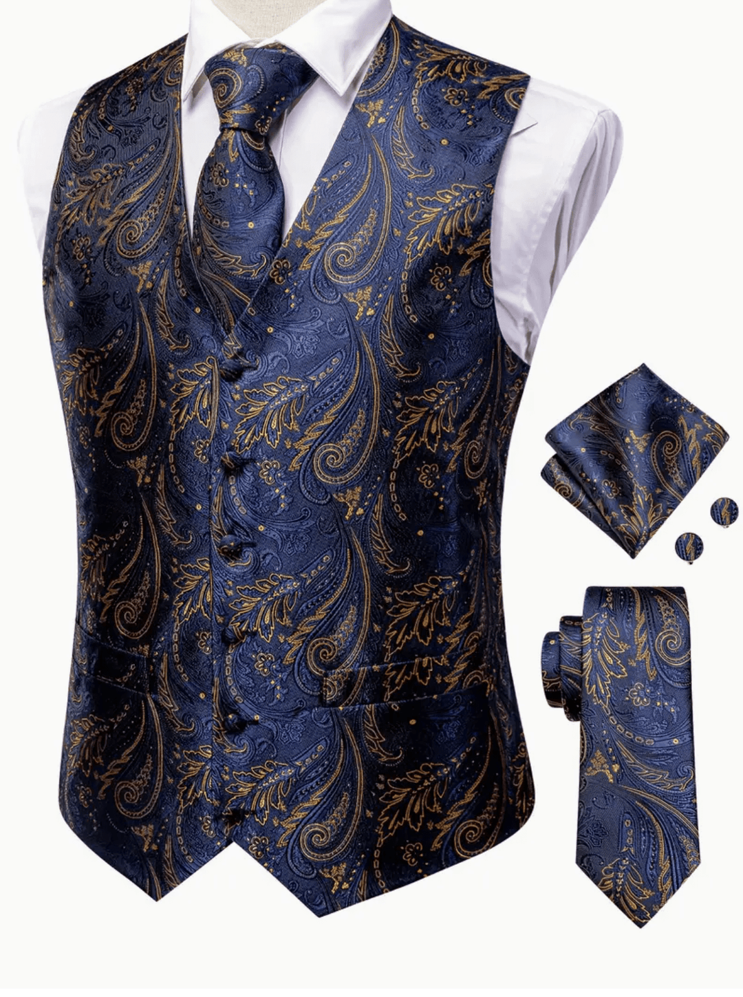 Men's Elegant Blue Paisley Waistcoat Set ,Polyester 100% - Includes Necktie, Handkerchief, and Cufflinks - MJ-3023 - SimonVon Shop