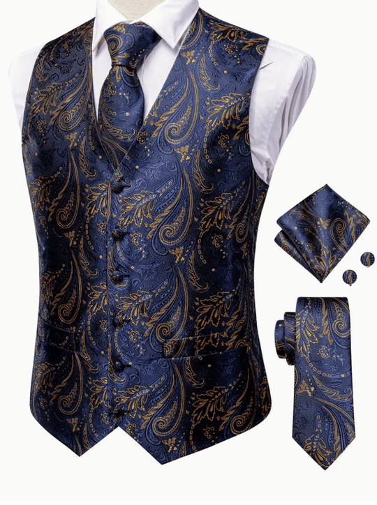Men's Elegant Blue Paisley Waistcoat Set ,Polyester 100% - Includes Necktie, Handkerchief, and Cufflinks - MJ-3023 - SimonVon Shop