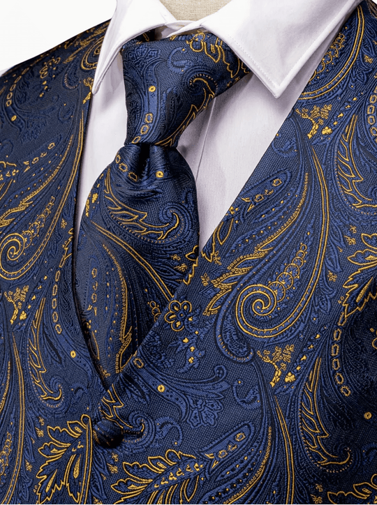 Men's Elegant Blue Paisley Waistcoat Set ,Polyester 100% - Includes Necktie, Handkerchief, and Cufflinks - MJ-3023 - SimonVon Shop