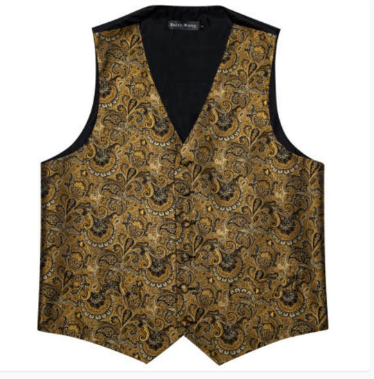 Men's Golden Paisley Silk Vest Necktie Pocket square Cufflinks- MJ-2082 - SimonVon Shop