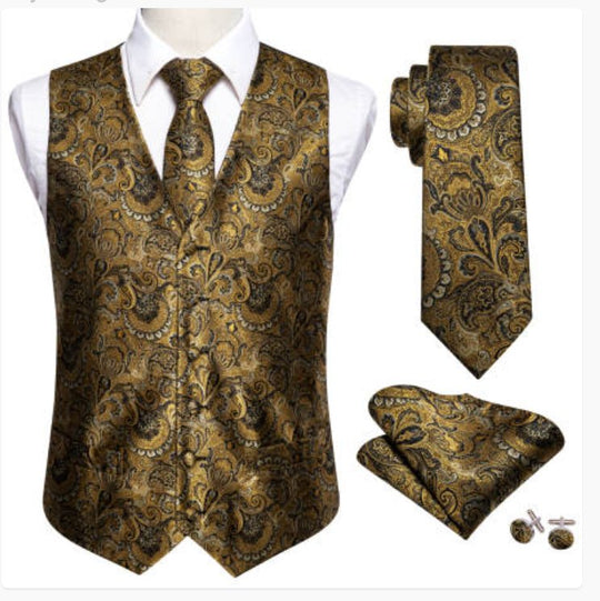 Men's Golden Paisley Silk Vest Necktie Pocket square Cufflinks- MJ-2082 - SimonVon Shop