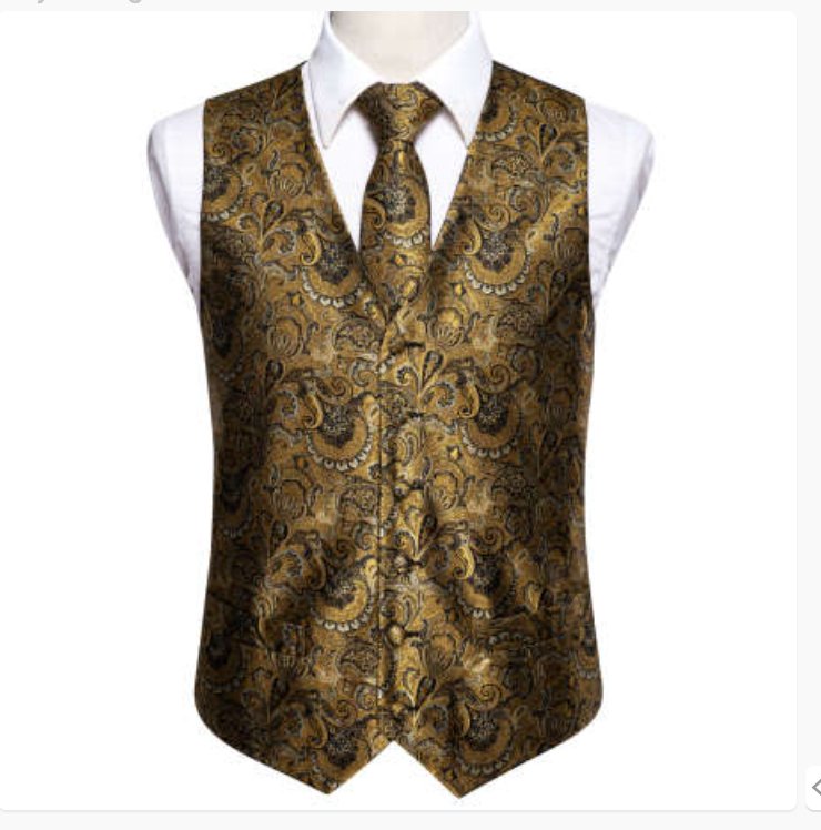 Men's Golden Paisley Silk Vest Necktie Pocket square Cufflinks- MJ-2082 - SimonVon Shop