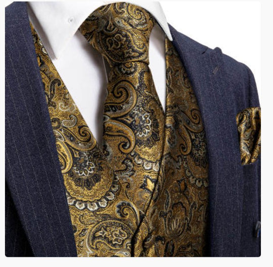 Men's Golden Paisley Silk Vest Necktie Pocket square Cufflinks- MJ-2082 - SimonVon Shop